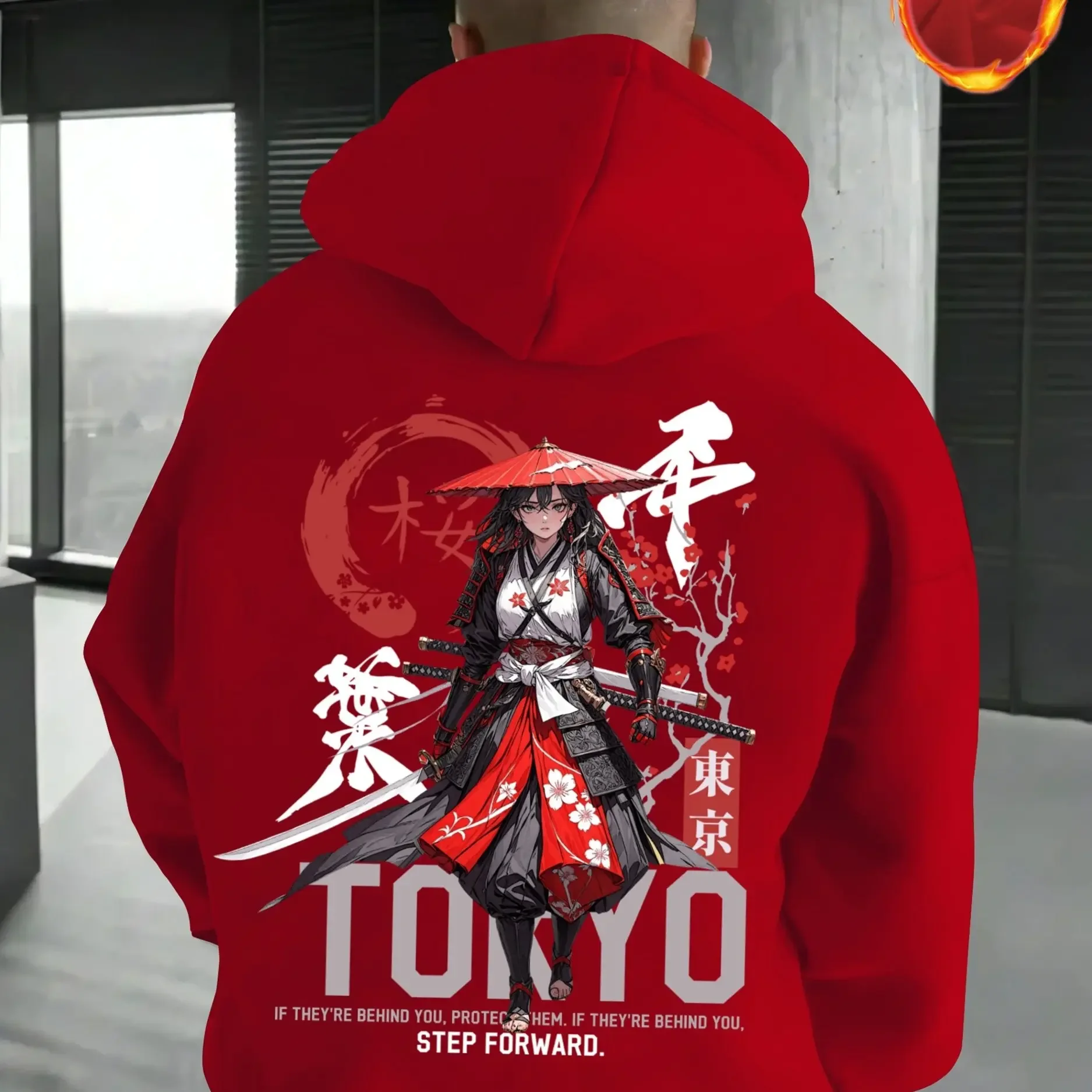 Korean Hot Trend Japanese Female Samurai Cherry Blossom Tokyo Back Print Fleece Hoodie Men Loose Oversized Unisex Pullover
