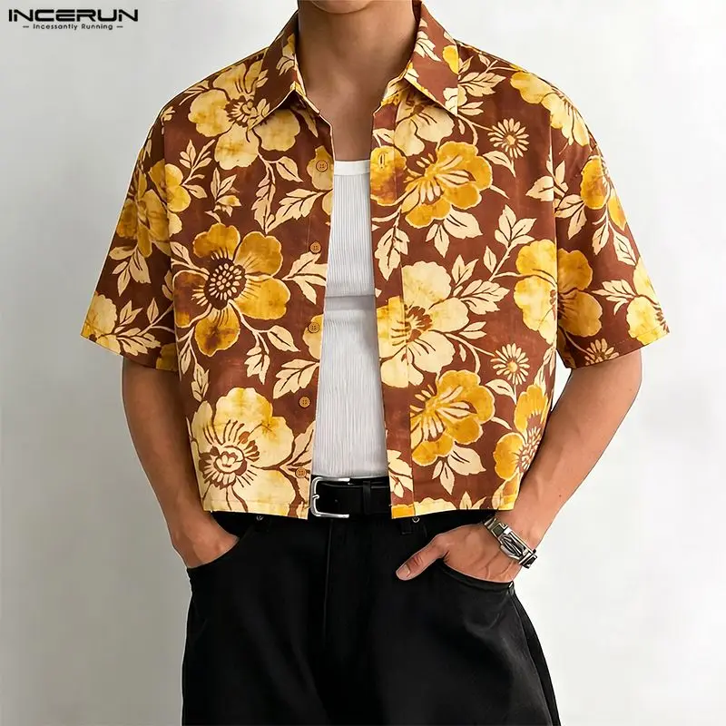 INCERUN Men's Shirt Flower Printing Lapel Short Sleeve Crop Tops For Man Summer Loose Streetwear Vacation Casual Shirts Camisa
