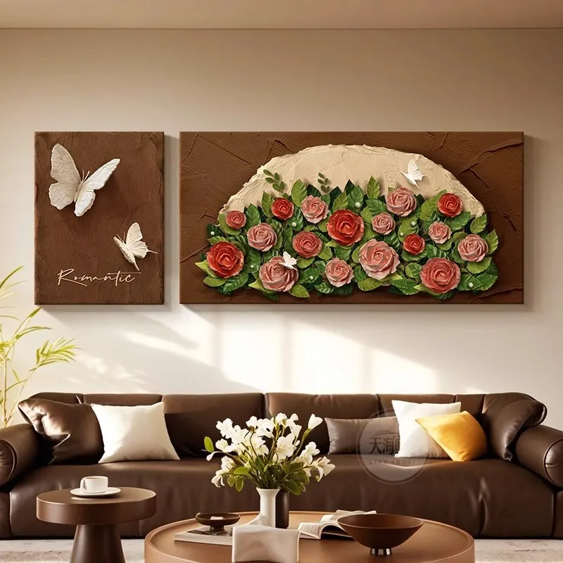 

French retro living room decorative painting, three-dimensional relief of roses and flowers texture medieval sofa background