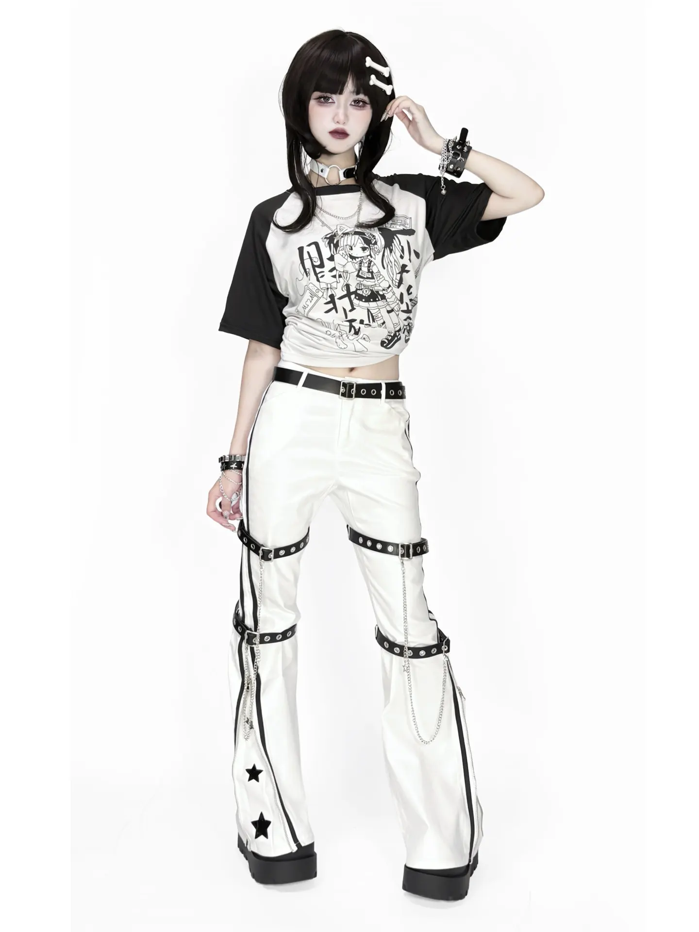 Y2K Gothic Flare Pants White Side Stripe Detachable Thigh Harness Chain Strap Zip Hem Star Embroidery Punk Bootcut Trousers view 4