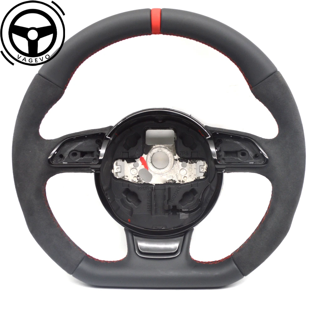 

Full Leather Flat Bottomed Steering Wheel For Audi A4 B8 Suede Leather Red Line Steering Wheel Sport