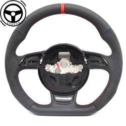 Full Leather Flat Bottomed Steering Wheel For Audi A4 B8 Suede Leather Red Line Steering Wheel Sport