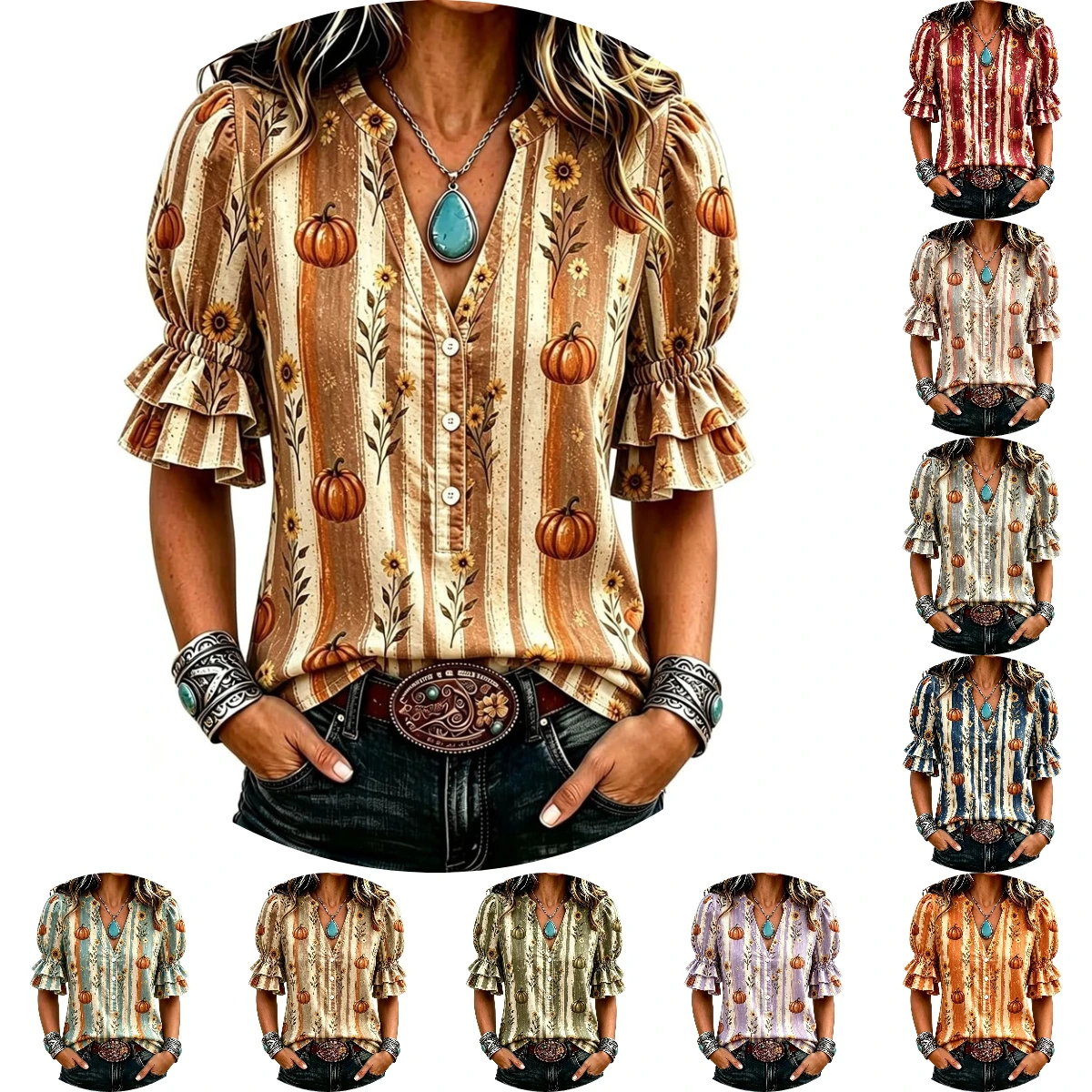 Lady Fall Pumpkin Sunflower Print Blouse V-Neck Puff Ruffle Short Sleeve Button Down Tunic Shirt Women Halloween Summer Tops