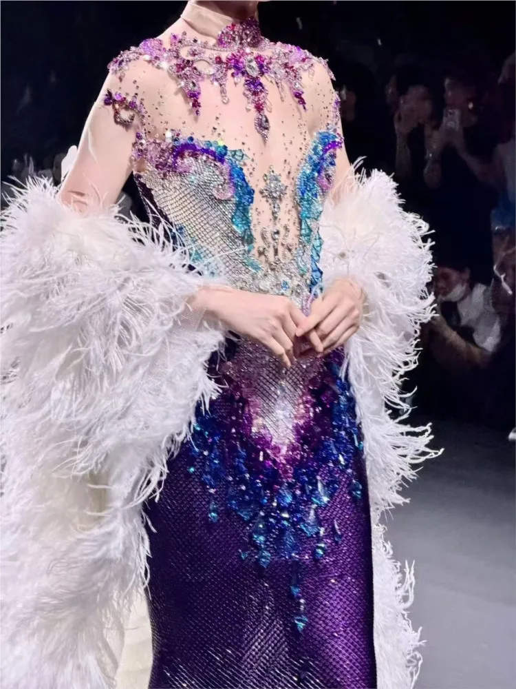 Purple heavy Industry Haute couture light luxury niche fishtail toasting party banquet host dress view 3