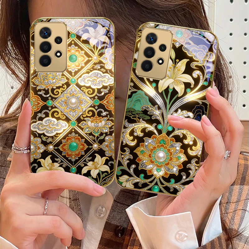 Golden Lily Flower Totem For Samsung A73 A72 A71 A42 A56 A55 A54 A53 A52s A52 A51 A36 A35 A34 A33 A32 Golden glass phone case