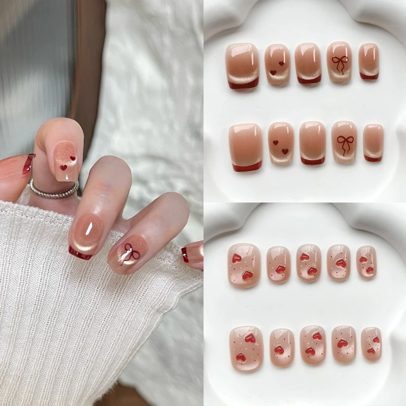 10Pcs French Style Cute Sweetheart Nail Art Wearable Nail Sticker Press on Nails Powder Blusher Cat-Eye Nail Patch Fake Nails