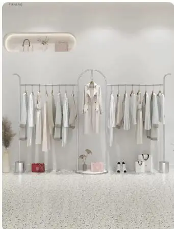 Clothing store display rack floor-down high-end women's clothing store display shelf stainless steel silver rack wall hanging