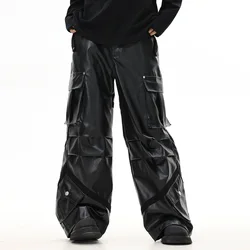 Rock Leather Pants Thickened High Street Pleated Multi-Pocket Loose Straight Pants for Men