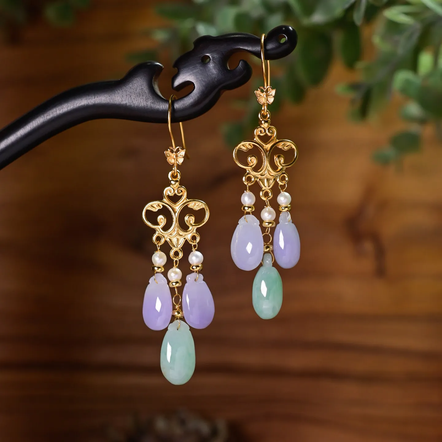 

925 Silver Purple & Green Dual Color Natural Grade-A Jadeite Earrings, Vintage Palace Chinese Style Dangle Jewelry Gift