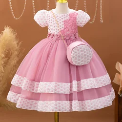 New Cute Girl Polka Dot Mesh Princess Dress Bubble Sleeves Beaded Sticker Wedding Flower Girl Birthday Party Dress with Bag