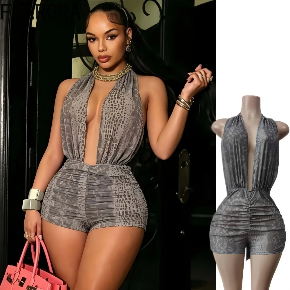 FLARORA Sexy Leopard Print Rompers Woman Halter Deep V Neck Sleeveless Backless Bandage Skinny Playsuits Wild Style Streetwear