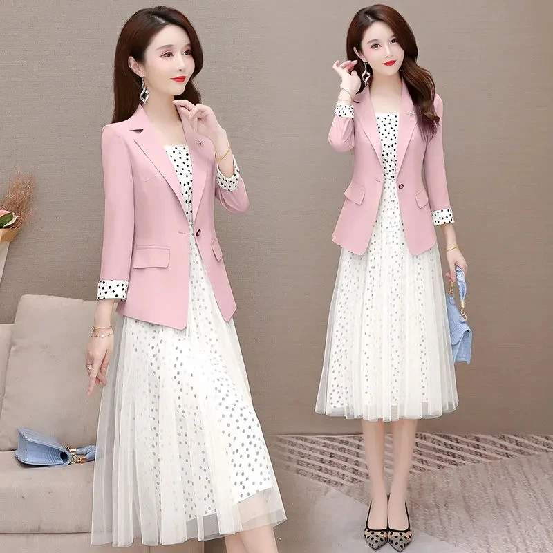 Korean Polka Dot Dress Suits Women Two Piece Set Elegant Three Quarter Sleeve Thin Blazer And Spaghetti Straps Mesh Dress Sets