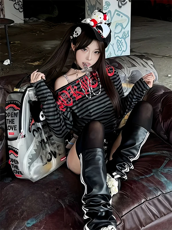 American Sle Striped Fun Letter Design Casual Long Sve T-irt Women Spring Autumn Versatile Leisure Top oulder Baring