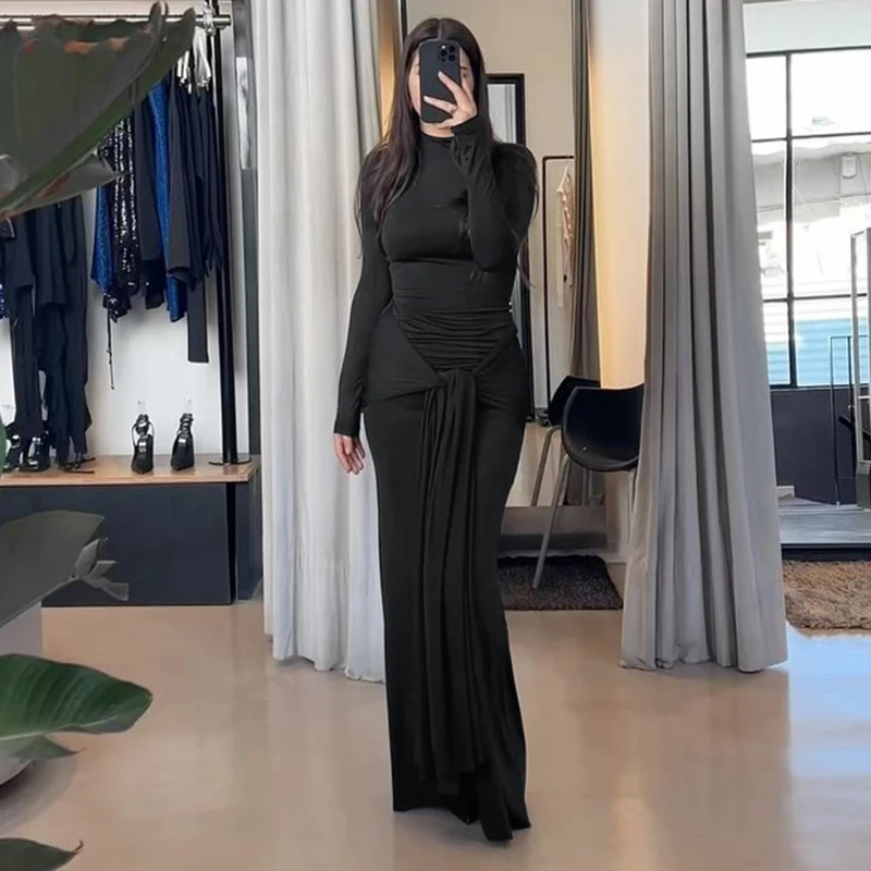 Women Dresses Autumn Winter New Black Sexy Maxi Dresses Streetwear Fashion Long Sleeves Turtleneck Elegant Female Folds Dresses