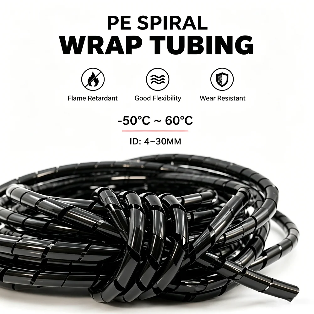 A pack of Black PE Spira lD 4~30MM Strong toughness/anti leakage/cable insulation protection wear-resistant winding tube