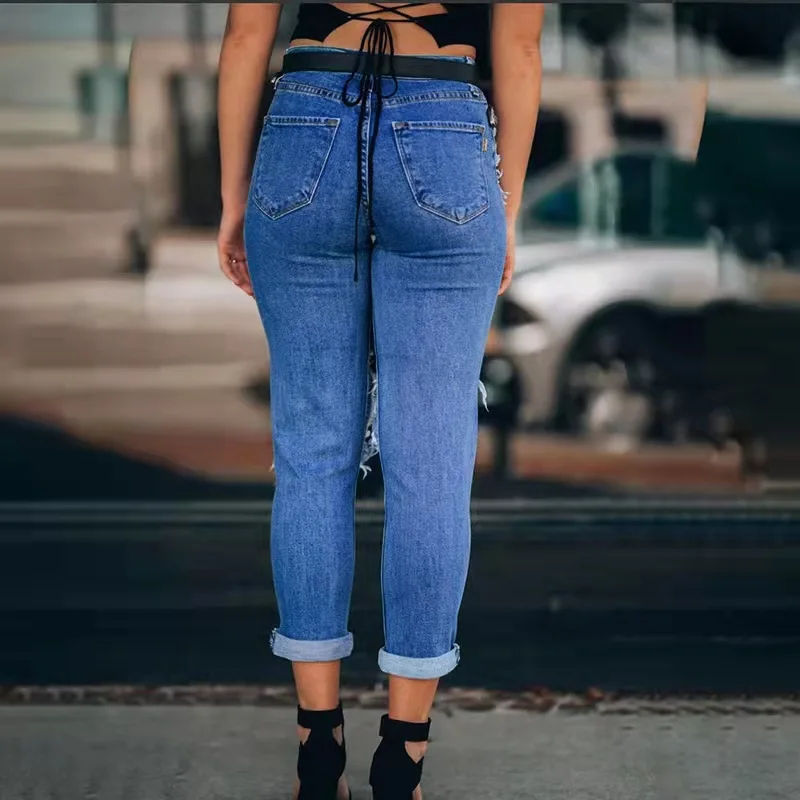 2023 New High Waist Hip Lift Loose Straight Hole Denim Trousers Ladies Jeans Women's Clothing