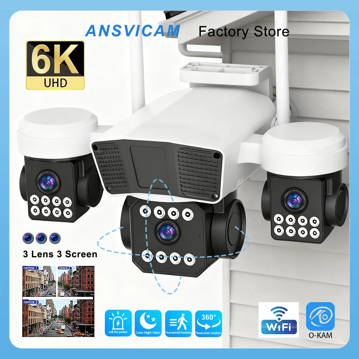 

ANSVICAM 12MP 6K UHD WIFI камера 3-PTZ уличная камера три объектива тройные экраны монитор безопасности ночного видения водонепроницаемая система видеонаблюдения