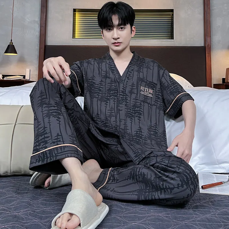 Summer Men's Knit Cotton Pajamas V-Neck Kimono Short Sleeve Long Pants Sleepwear Set Young Boy Home Clothes pijama hombre