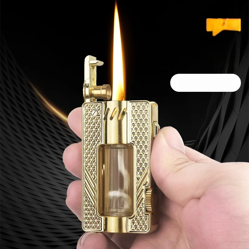 Retro‑styled Oil‑fuel Lighter, Carved Metallic Housing, Visible Reservoir Window, Manual Friction‑wheel Startup, Reusable
