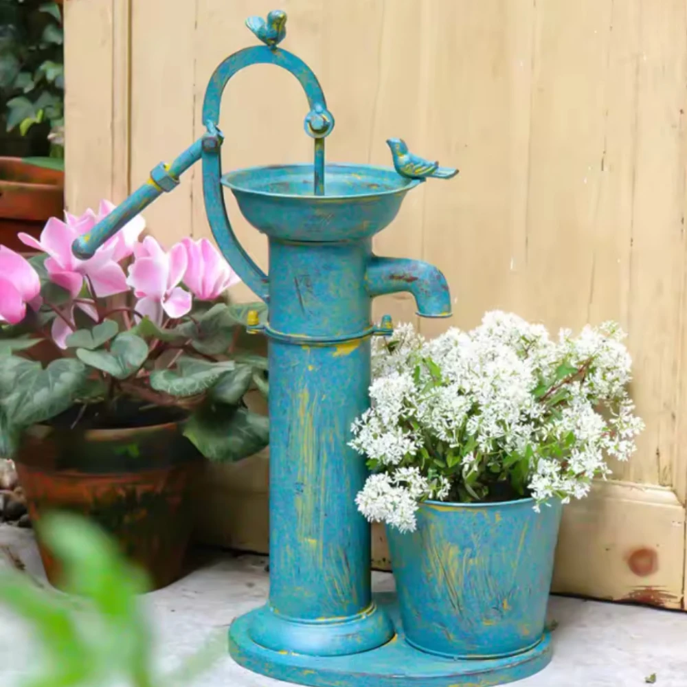 Metal Water Pump Planter Antique Blue Barrel Flower Pot Outdoor Garden Balcony Patio Yard Decoration