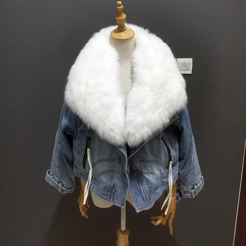 

2024 Winter Women New Luxury Natural True Fox Fur Big Collar Goose Down Denim Down Jackets Short Warm Casual Jacket Coat