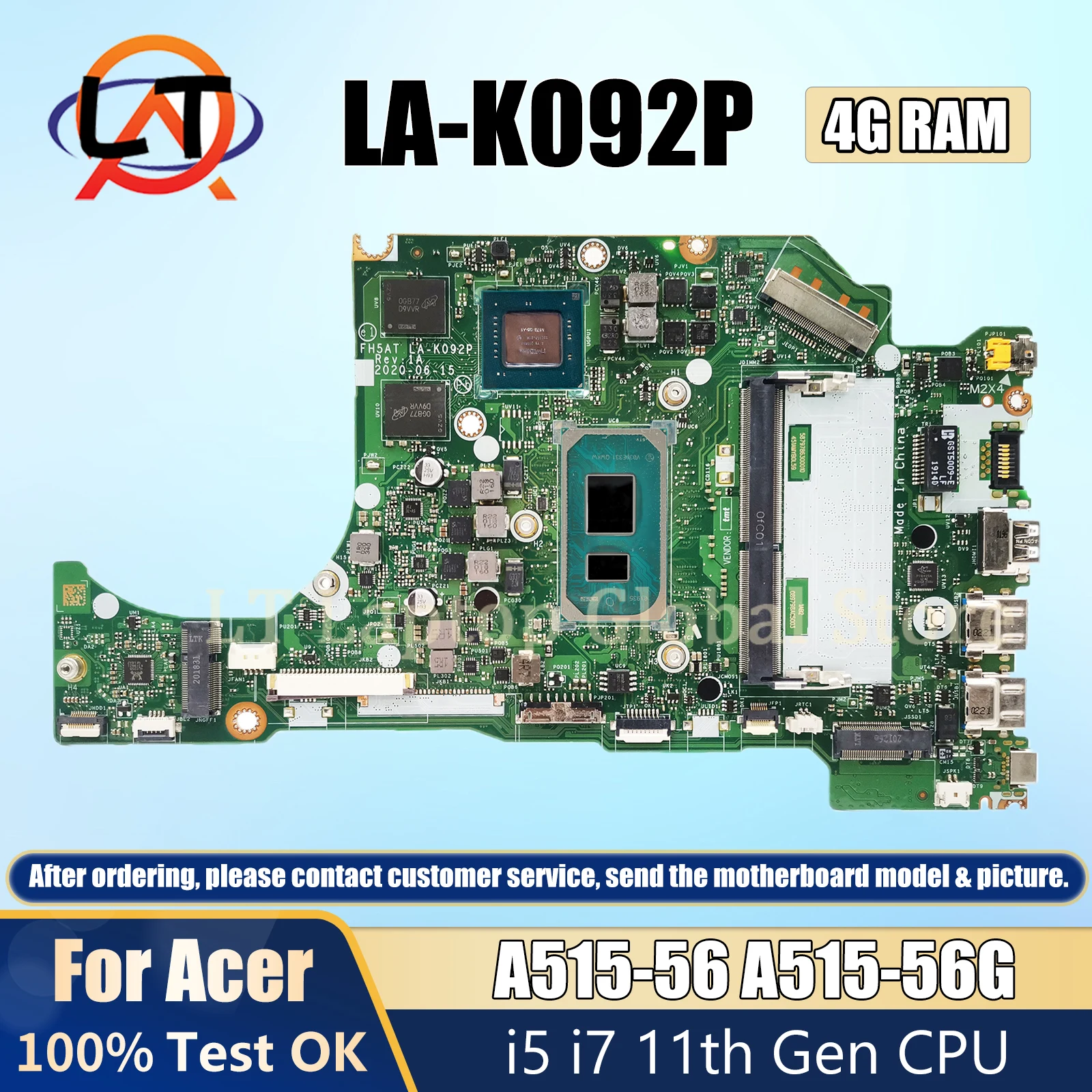 

Mainboard LA-K092P For Acer Aspire A515-56 A515-56G Laptop Motherboard NBAAP11004 With i7-1165G7 CPU MX350-2G GPU 4GB RAM