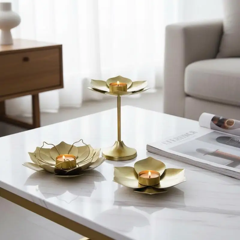 Classic Rust-proof Lotus Flower Tealight Holder Exquisite Stable Gold Candlestick Stand Unique Desktop Candle Cup Festive Decor