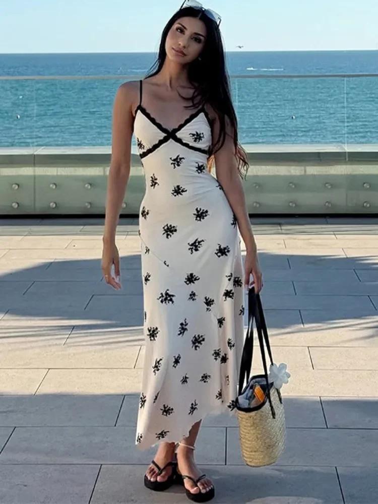 

Lace Print Backless Sexy Maxi Dress Women Gown Elegant Spaghetti Strap V Neck Sleeveless Bodycon Club Party Long Dress