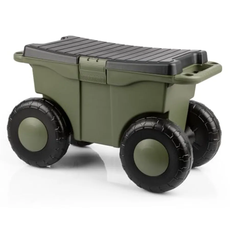Rolling Garden Cart with Seat for outdoor use, polypropylene material, green color, foldable and ergonomic design