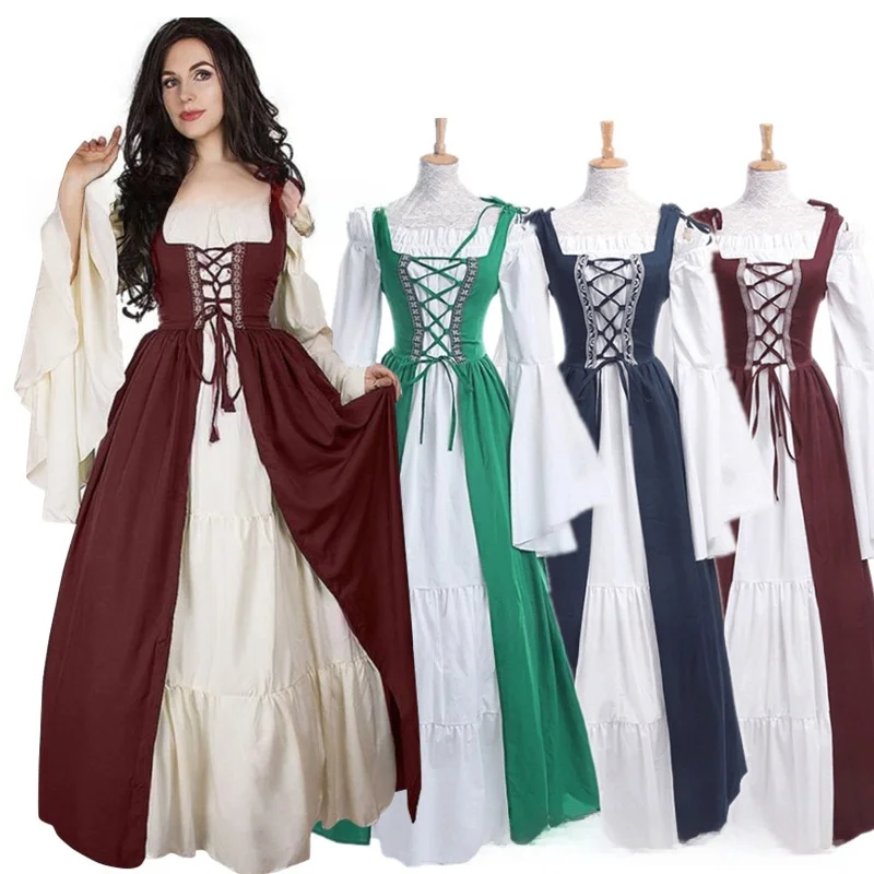 Halloween Vintage Waist-Cinched Bundle Neck Square Collar Dress Medieval Renaissance Costume Women's Ethnic Stage Clothing
