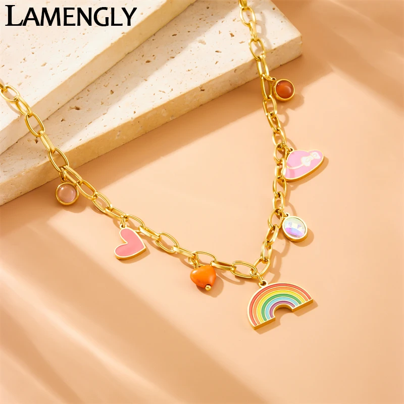 LAMENGLY 316l Stainless Steel Leisure Fun Rainbow Heart Hat Pendant Necklace For Woman Girl 2024 New Charm Choker Necklace