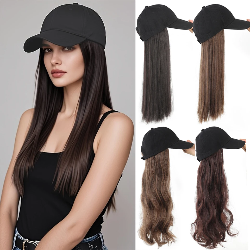 Synthetic Hat Integrated Wig with Adjustable Baseball Cap, Long Straight Hair Wig Suitable for Women's Daily Wear