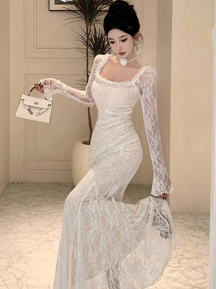 

Autumn Winter White Lace Diamond Square Collar Dress 2025 Elegant Mermaid Dresses Women Korean Fashion Chic Luxury Evening Dress