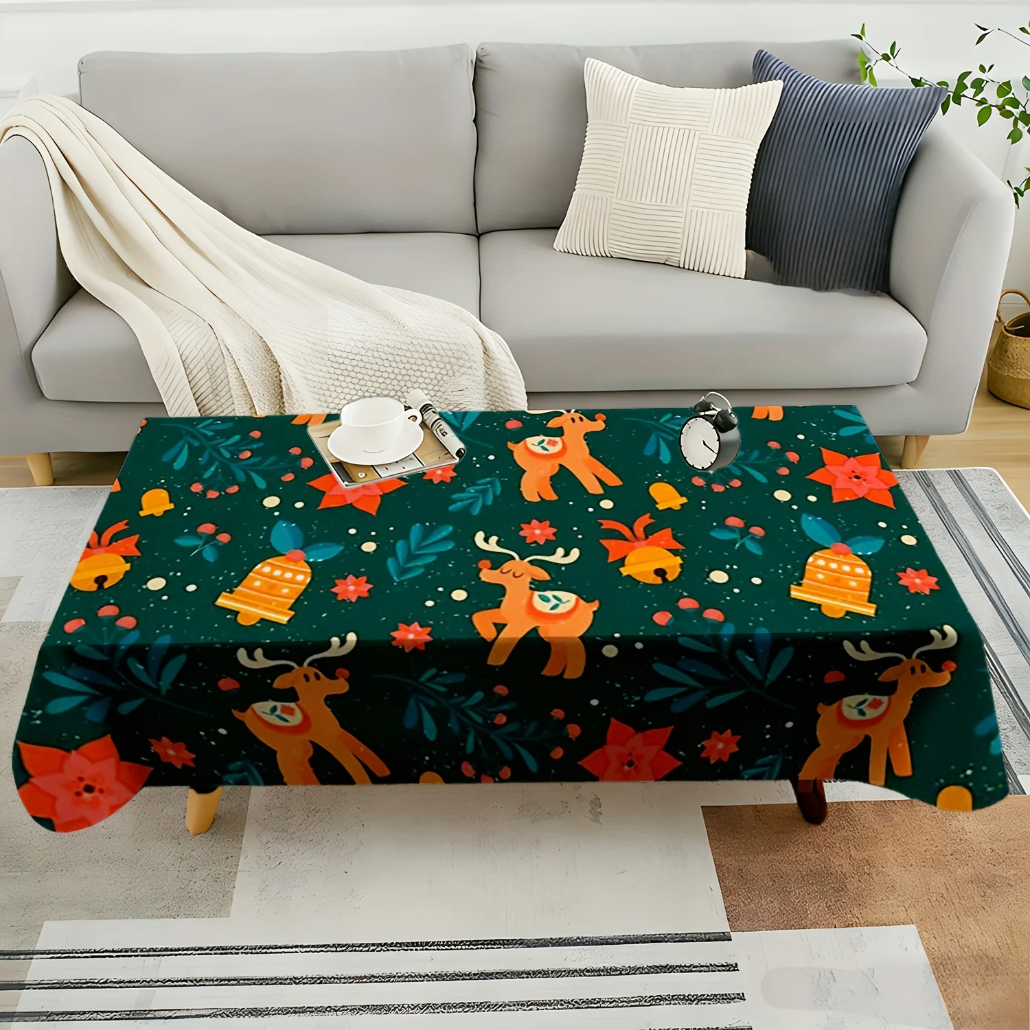 Christmas Tablecloth, Dark Green Reindeer Bell Floral Print Cover, Washable Table Cloth for Party, Winter Holiday Home Decor