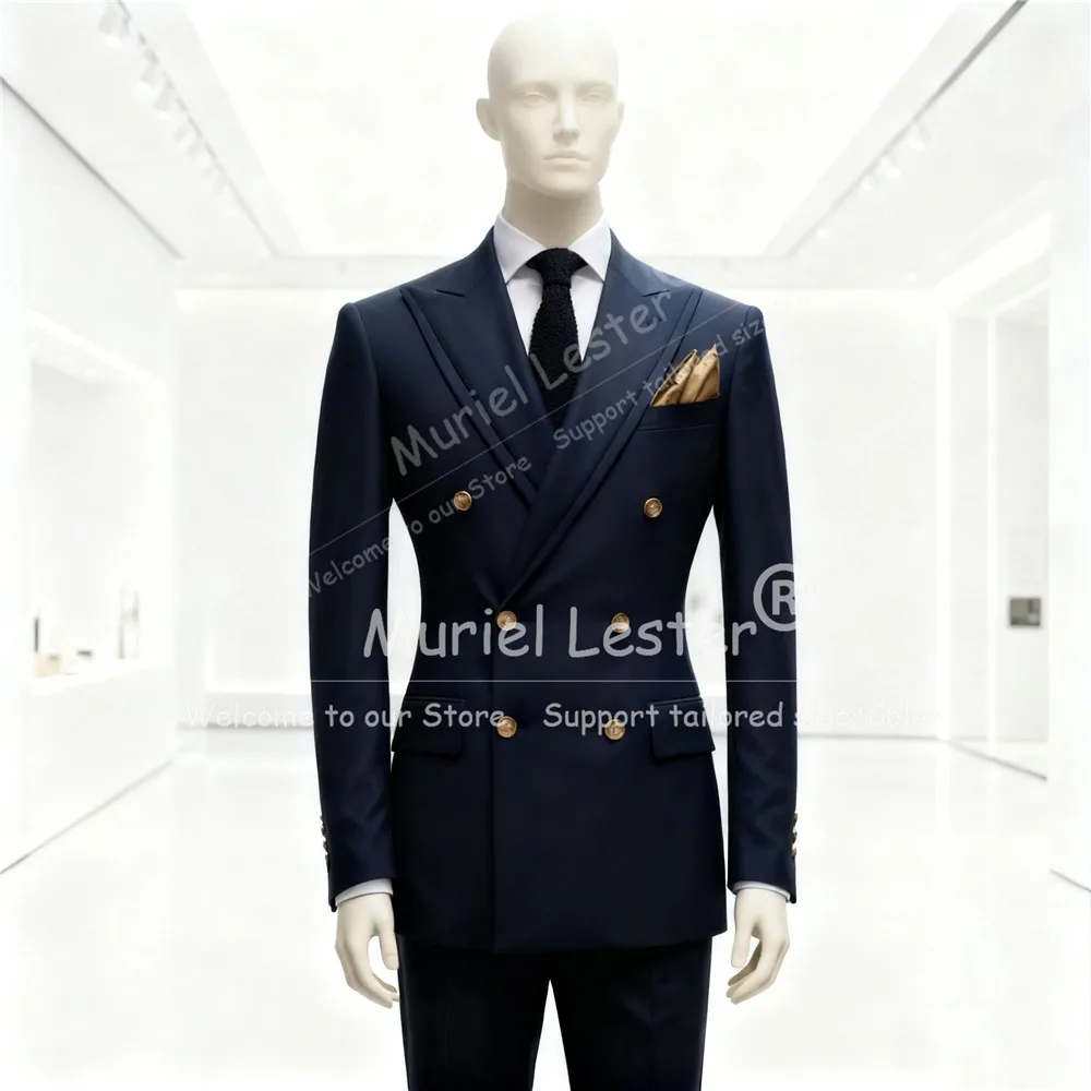 

Navy Suit Wedding Suit For Men Italian Design Double Breasted Jacket Pants 2 Piece Set Customized costumes hommes Groom Tuxedos
