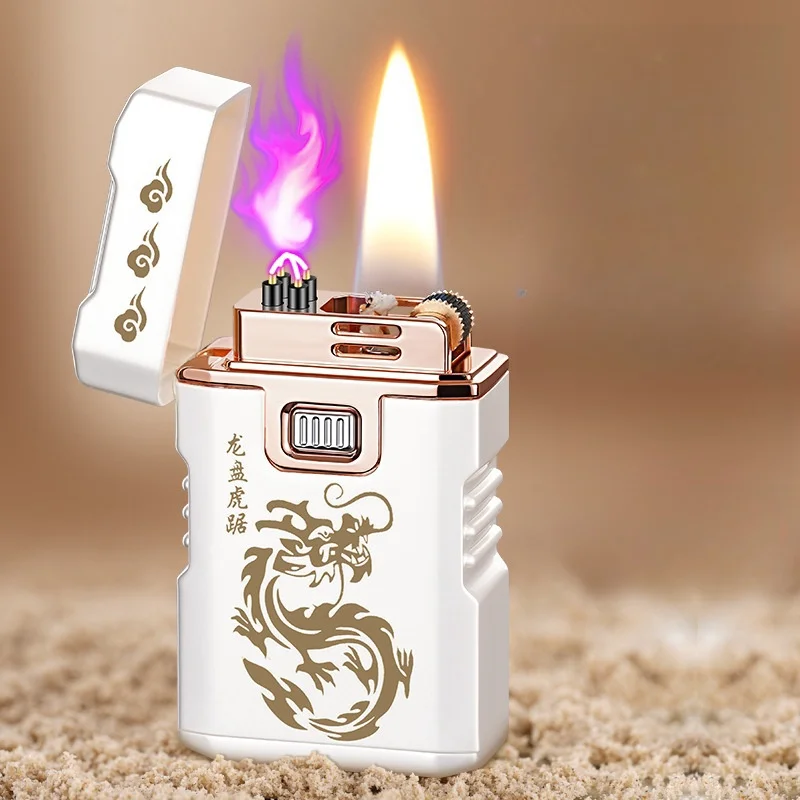 Creative Silver Plated Oil Electric Double Flame Windproof Open Flame Kerosene Lighter Dual Arc Pulse Type-C Electric Lighters