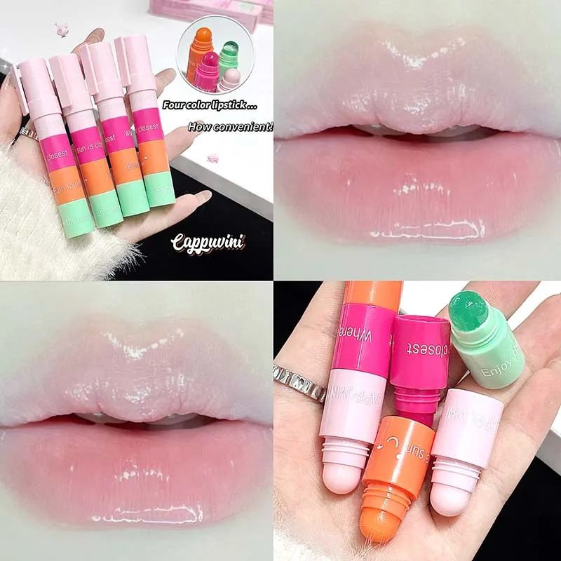 Cappuvini batom hidratante quatro cores em um, lápis de maquiagem de longa duração, brilho labial à prova d'água, bálsamo labial antiaderente