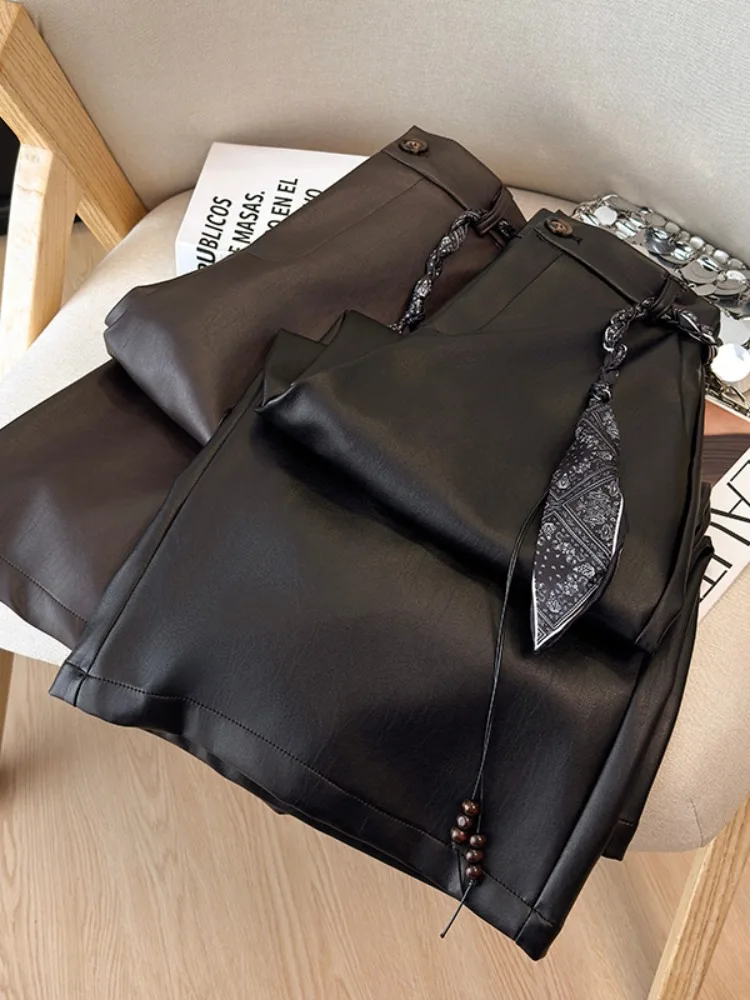 Calças Largas de Couro PU Marrom Retro Americana para Mulheres, Roupas Externas Soltas, Calças Bootcut Retas para Outono e Inverno