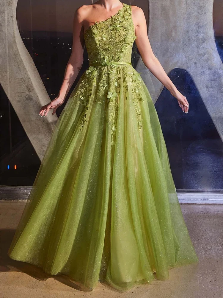 

Elegan Sage Green Prom Dresses One Shoulder Lace Applique A Line Long Women Formal Evening Occasion Wear Wedding Party Dress