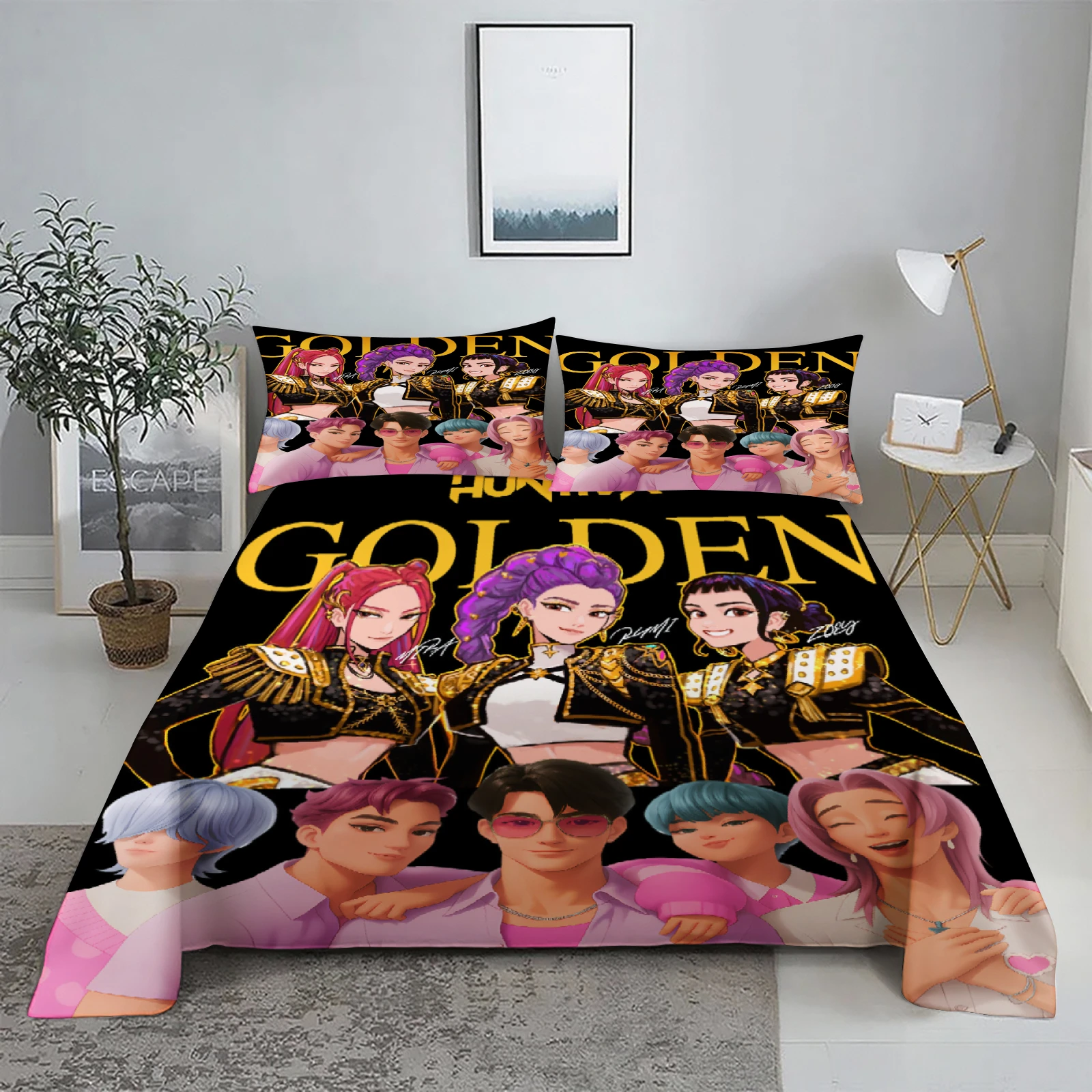 Huntrix، Rumi، Mira D-Demon Hunters K-pop طقم ملاءات سرير مطبوعة ثلاثية الأبعاد ملاءة مسطحة مع كيس وسادة أغطية سرير مقاس كينج كوين