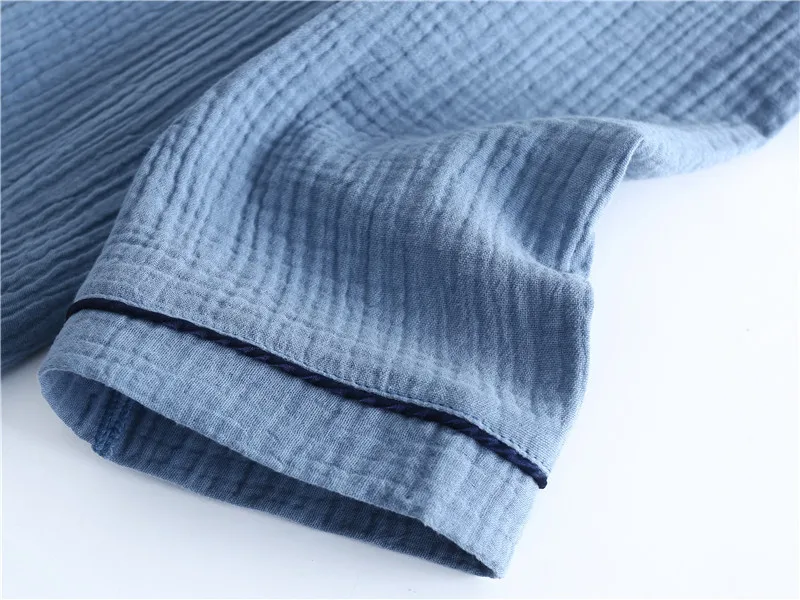 جديد التلبيب طوق قميص بدل رجالي الرجال منامة قميص قطني بكم طويل سترة قطعتين مجموعة ملابس خاصة للنوم الذكور منامة #5