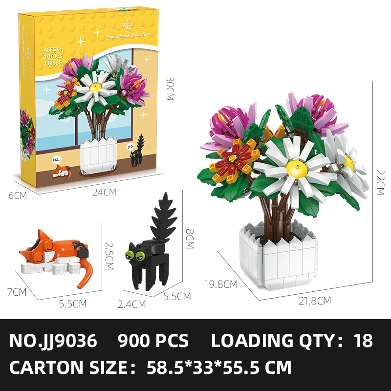 900PCS Creative Chrysanthemum Potted Building Blocks Simulation Flower Series Cute Animal View Model Bricks Kids Holiday Gifts