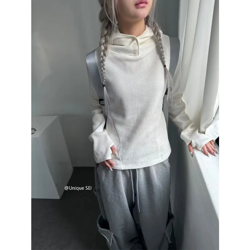 Korean Threaded Casual Hooded Long-sleeved T-shirt Women 2025 Winter New Streetwear Fashionable All-match Solid Color Tops