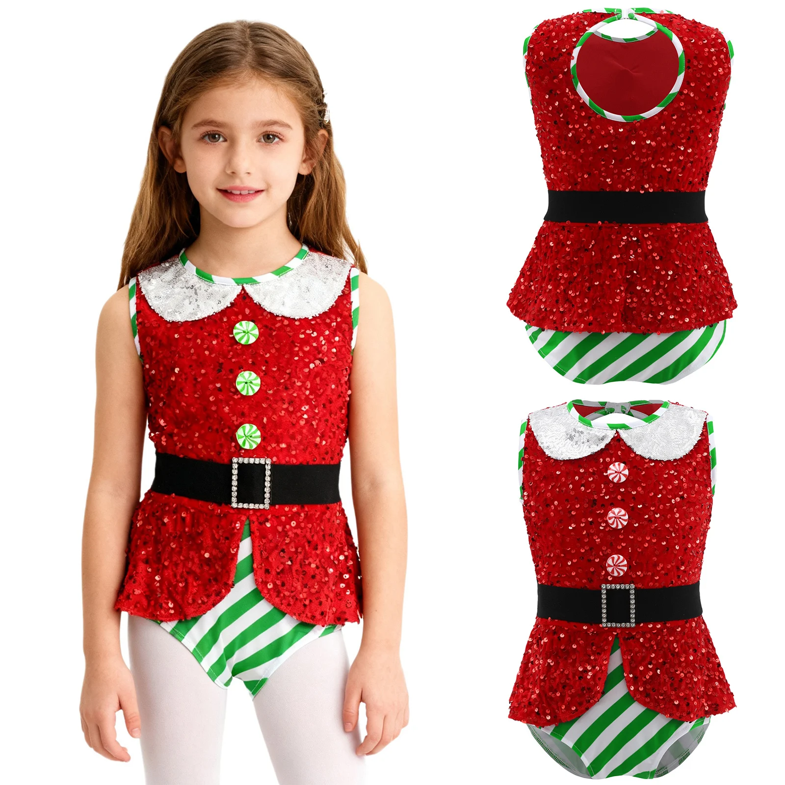 

Girls Christmas Bodysuit Elf Costume Dancewear Sparkly Sequins Jumpsuits Sleeveless Bodysuit Children Dance New Year Xmas Outfit