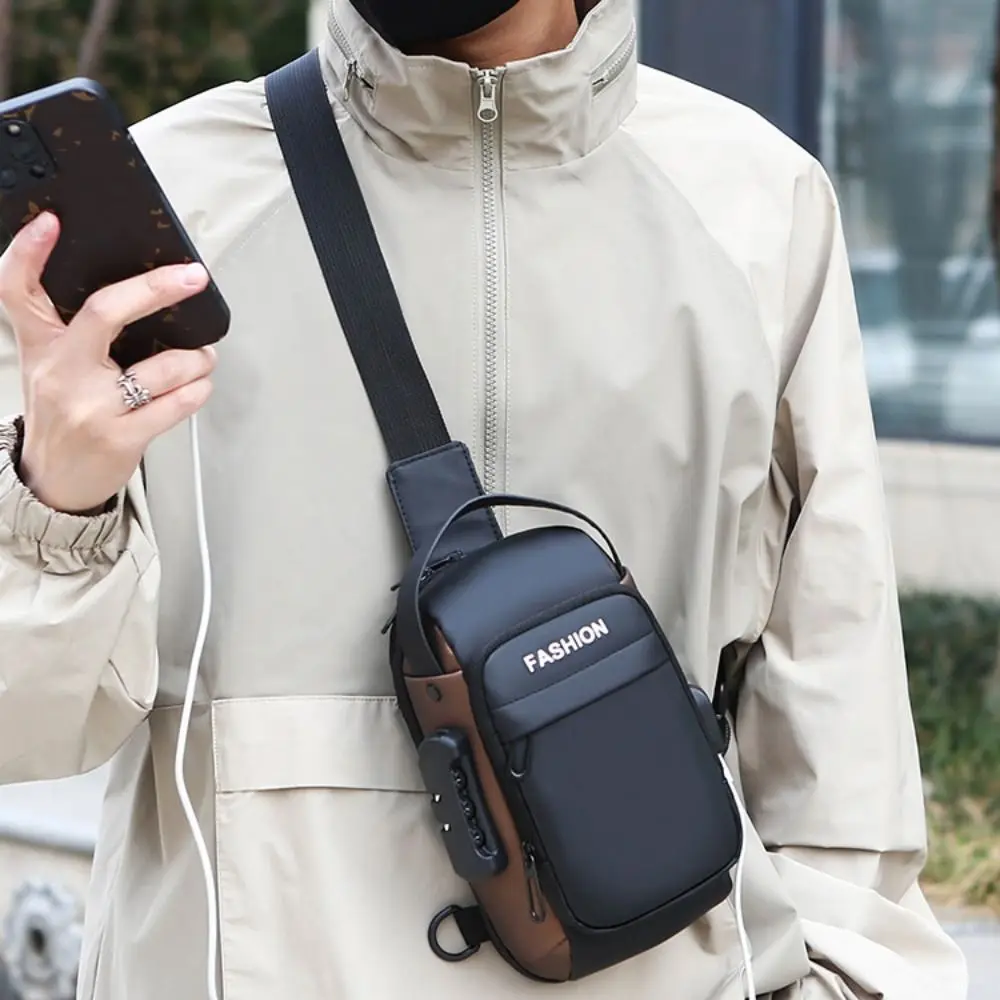 Casual PU Leather Anti Theft Chest Bag Large Capacity Waterproof Men's Shoulder Bag USB Charging Travel Sling Chest Bag Unisex