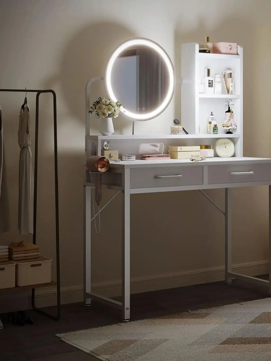 Coleshome Dressing Table with height-adjustable Mirror for 120-180 cm, Vanity Table with 2 fabric Drawers 80×40×136cm, White