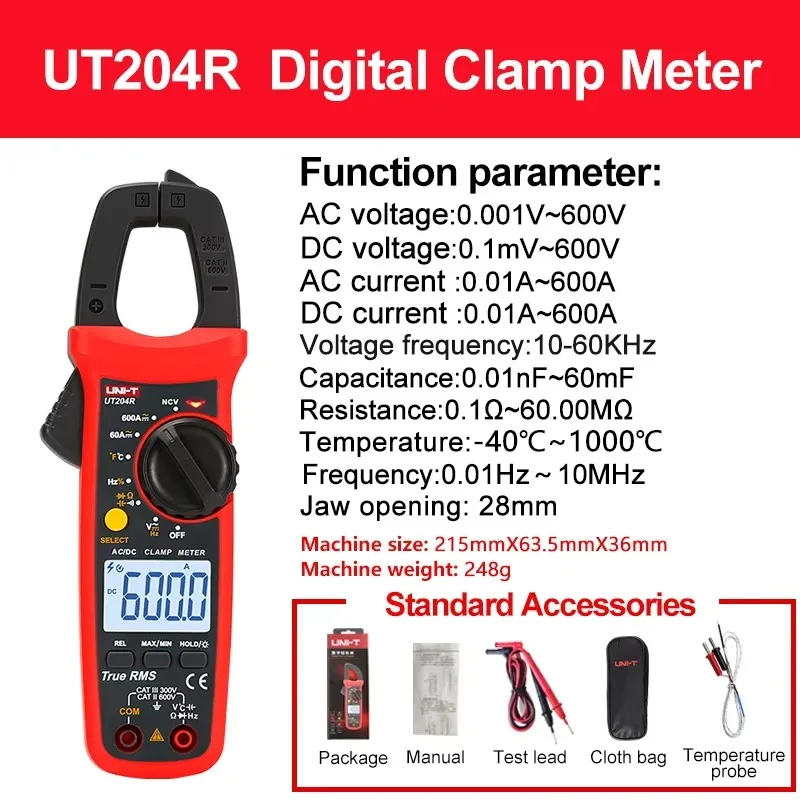UT204R Digital Clamp Meter True RMS 60mF AC DC 600A  600V -40~1000 Celsius Pince Amperemetrique