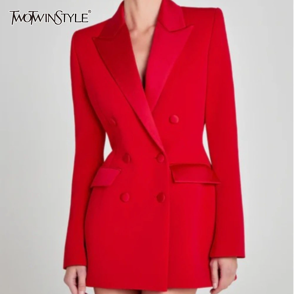 

TWOTWINSTYLE Solid Spliced Button Slimming Blazers for Women Lapel Long Sleeve Tunic Temperament Coat Female Fashion