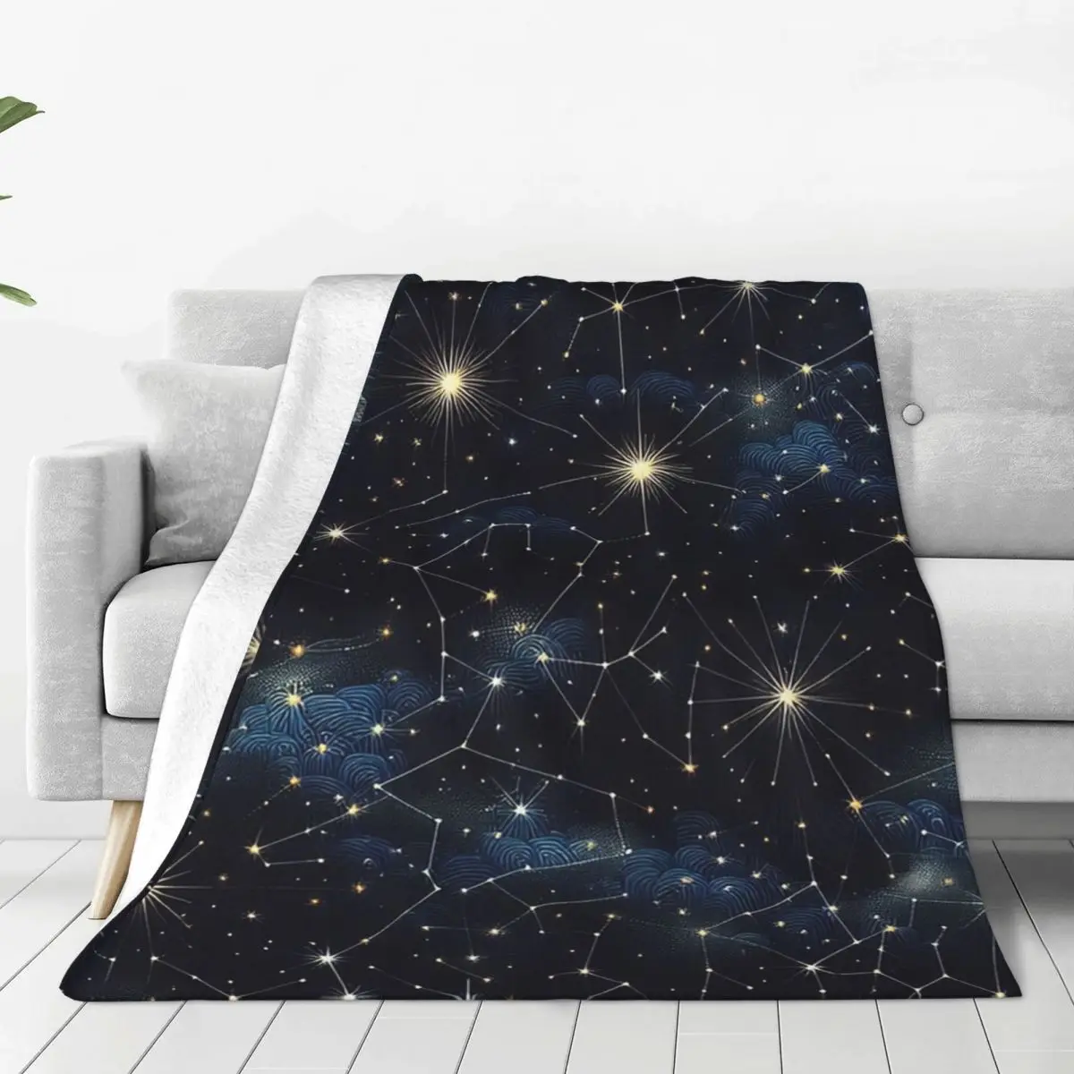 Night Sky Golden Celestial Stars Zodiac Constellations Blankets Soft Warm Flannel Throw Plush for Bed Picnic Travel Home Couch