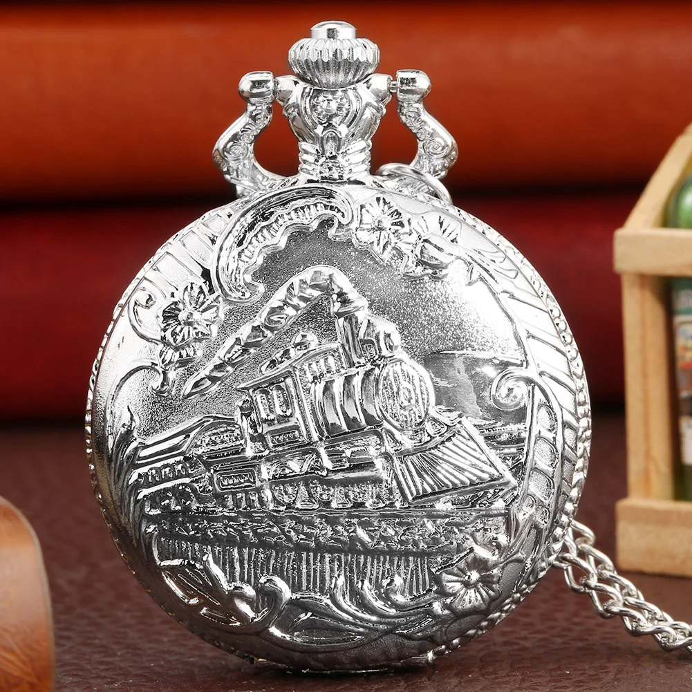 Vintage Silver Steam Train Embossed Pocket Watch with Chain Retro Flip Open Quartz Pendant Watch for Men Women Gift